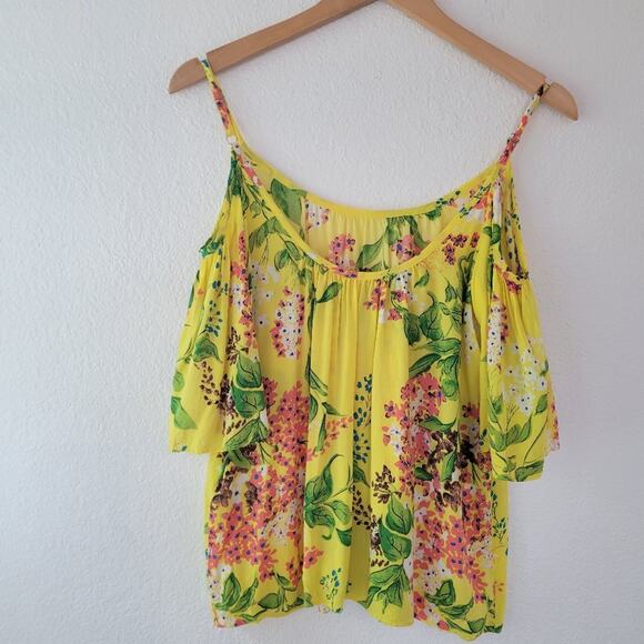 Plenty by Tracy Reese Yellow Floral Adjustable Cold Shoulder Top Size XS EUC - Picture 5 of 5